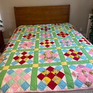 Vintage Handmade Quilt 84”x70” Colorful & Vibrant old fabric